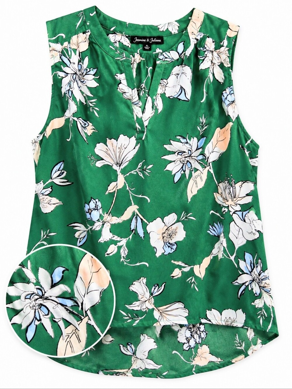 Jasmine & Juliana Green Floral Sleeveless Blouse XL Split Neck Hi-Low Hem